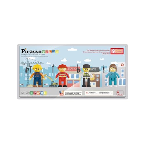 PicassoTiles Magnetic Tiles Action Figures 4 Piece City Characters for Magnet Tile Building Blocks Accessory Add On Pack Construction Block Set Toddler Toy Educational Learning Kit Age 3 and up PTA18 - color: 4 Pcs City Builder