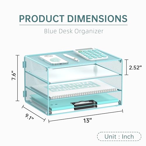 DALTACK 3 Tier Letter Tray Paper Organizer with Sliding Mesh Trays Blue - color: Blue