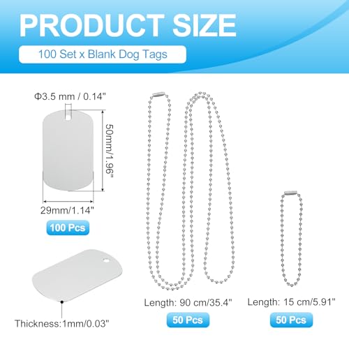 MECCANIXITY Blank Dog Tags Rectangle Blank Aluminum Blank Keychains Two Size Length Ball Steel Chains Metal Personalized Pet Tags with Hanging Hole for DIY Crafts Silver, 100 Set - color: Silver