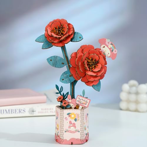 Hands Craft Hello Kitty and Friends My Melody Red Camellia 3D Wooden Puzzle Kit | DIY Flower Model | Arts & Crafts for Adults & Kids | Creative Hobby Kits | Wood Building Set | Unique Gift - color: Melody Red Camellia