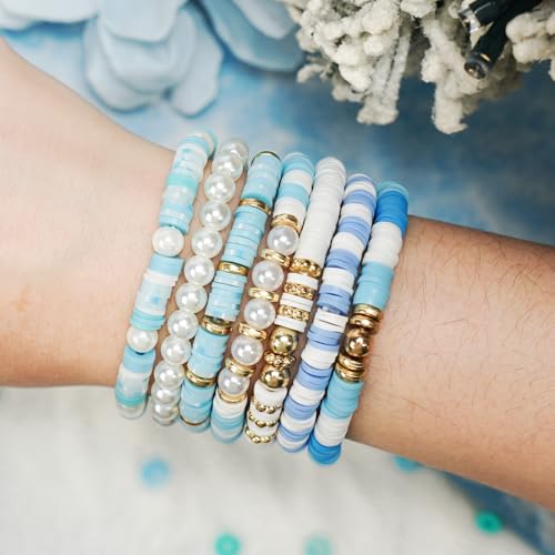 Gionlion Clay Beads for Bracelets, Blue Winter Clay Beads Bracelet Making kit with Golden Pearl Beads for Jewelry Making, Charms Bracelet Kit and Crafts DIY Gifts for Women - color: Azure Dream