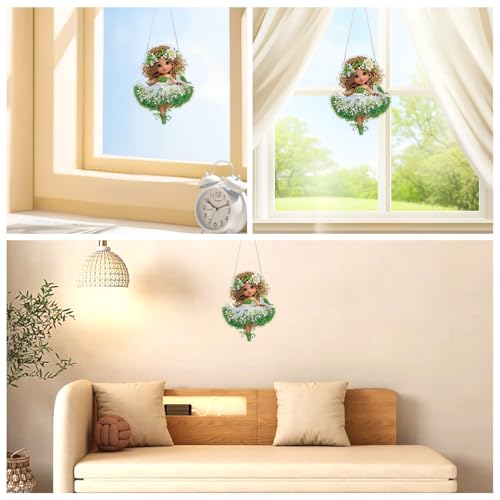 AIRDEA Hanging Diamond Painting Kits Girl,Special Shaped Diamond Art Kits Cartoon Gem Art Pendant Decor,19.9X15.4cm - color: green white brown