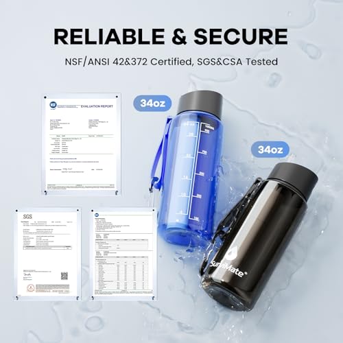 SurviMate Purified Water Bottle for Camping, Hiking, Backpacking and Travel, BPA Free with 5-Stage Intergrated Filter Straw - color: Black Blue, size: 34 Ounces