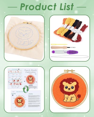 ERKOON Punch Needle Kit Beginners Adults, Zodiac Easy Embroidery Set for Starter Art Craft, Needling Punching Project with Patterns, Tools, Yarns, Hoop, Instruction (Leo) - color: Leo