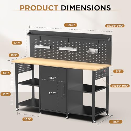 60" Heavy Duty Workbench with Storage Cabinet, Pegboard & Power Outlet - color: Black-e