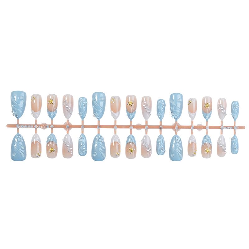 Blue Press on Nails Almond Short Cute Pearl Charms Press on False Nails and Gold Stars Water Drop Stick on Nail for Women - color: Color42