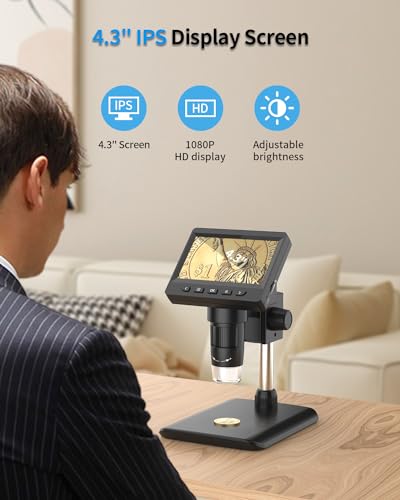 AOPICK Digital Microscope, Coin Microscope with Light Adjustable Brightness 4.3" HD LCD Screen, 1000X Zoom PC View, Compatible with MacOS & Windows - Black - color: Black