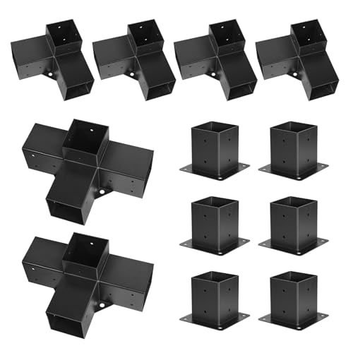 VEVOR Pergola Kit, 4x4 Inch Pergola Brackets for 3.5x3.5 Inch Wood Beams in Actual Dimension, 3-Way (4 Pcs) and 4-Way (2 Pcs) Gazebo Brackets with 6 Post Bases, for Outdoor Pergolas, Gazebos, Sheds - size: 4P 3-Way+2P 4-Way Bracket +6P Base