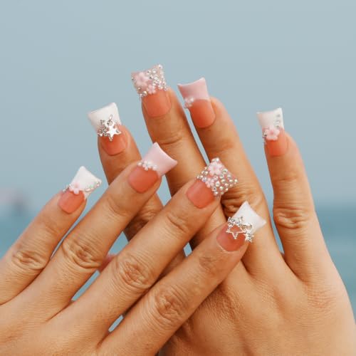 Cute Pink Press on Nails Short Duck Cherry Blossom, Size S - color: Cherry Blossom Whisper, size: S