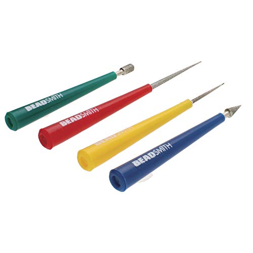 The Beadsmith 4-piece Diamond Tipped Bead Reamer Set, Color Coded Plastic Handles, Remove Burrs, Enlarge Holes, Smooth Edges