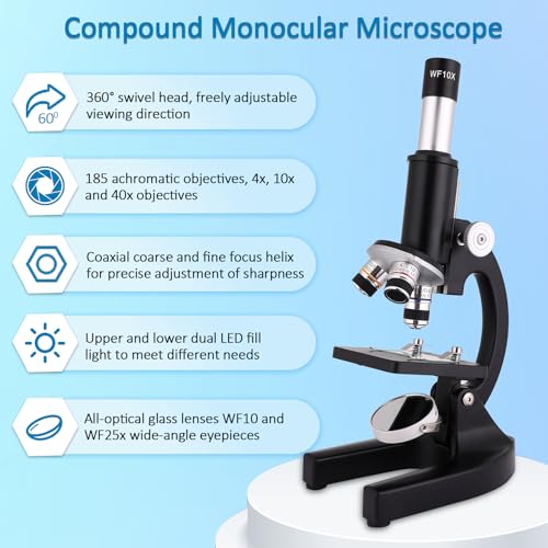 Microscope for Kids & Adults,40X-2000X Microscope with Phone Adapter & Slides Set,Suitable for Students School Lab and Home Education - color: black