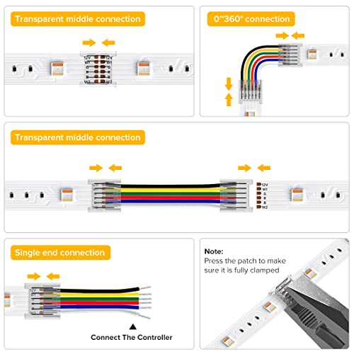 BTF-LIGHTING SMD 6 Pin 12mm 0.47in Width Transparent Connector Kit,4xGapless Solderless 8pcs Corner Connector, 4pcs 5.9in Long 22AWG Extension Wires,Support 5050 SMD RGBCCT LED Strip - size: Multi Function Connector (Pack of 1)