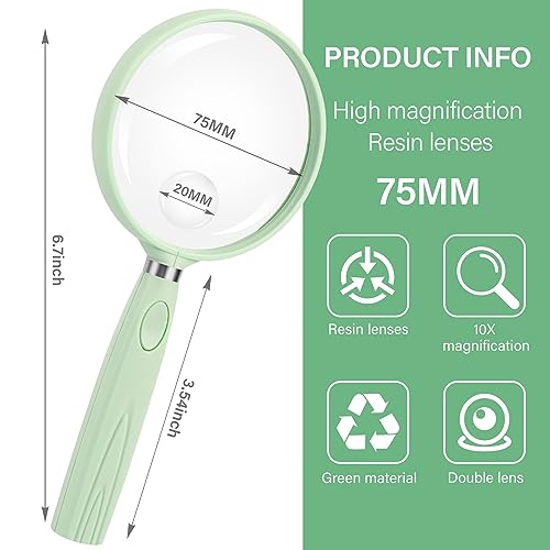 Feosky Handheld Reading Magnifier, 10X Magnifier, 75mm Shatterproof Lens, Non-Slip Handle for Adults Close Work, Seniors Reading and Nature Exploration, Hobby Observation (Green) - color: Green01, size: 75mm