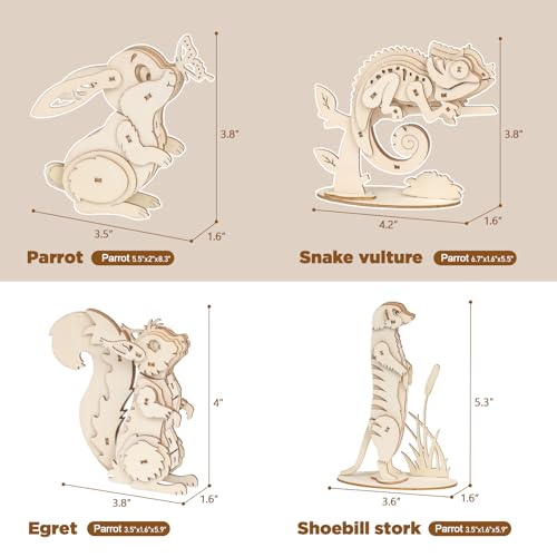 ELX 3D Wooden Animal Puzzles for Kids 6+, 4 Piece Set Animal Models, Wood Building Craft Kits Stem Toys peresents for Kids and Adults - color: Animals Puzzles