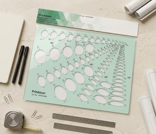 Printtoo Ellipse Stencil Template, 2mm Acrylic Reusable Oval Drawing Guide with 15°, 30°, 45° & 60° Cutouts for Drafting, Technical Drawing, Geometry, School Projects, Art and Craft - color: Series-PRTD-2849A