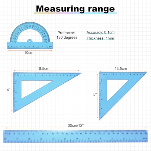 HARFINGTON 4pcs Triangular Ruler Set 30cm Plastic Metric Inch Geometric Protractor Triangle Engineering Scale Drafting Ruler Kit for Office Home, Blue - color: Blue, size: 30cm