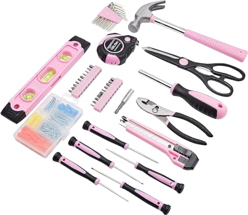 Amazon Basics 142-Piece Household Tool Kit for Home Repair, Hand Tools with Storage Case, 13.39 x 9.25 x 2.95 inch, Pink - color: Pink