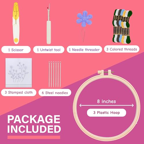 Clear Background Embroidery Kit for Beginners – DIY Hand Embroidery Kit with 3 Hoops, Stamped Patterns, Needles, Thread, Scissors – Minimalist Embroidery Set for Adults, Teens, Women, Craft Lovers - color: Clear Background with Flowers
