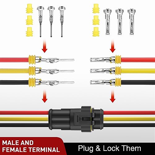 Nilight 280PCS 3 Pin Electrical Connector Plug with Male Female Terminals - size: 3Pin Connector 200Pcs