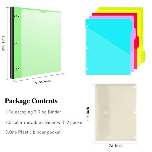 INFUN 1 Inch 3-Ring Telescoping Project Organizer Binder,13 Pocket, Customizable Front Cover, 5 Colors Pocket Divider and Plastic Binder Pocket,225 Sheet Capacity-Green - color: Green, size: 1 PCS