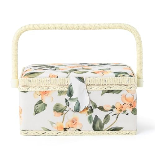 NOTIONSLAND Sewing Basket with Accessories, Craft Storage Box with Remove Tray, Medium, White Yellow Flower Pattern - color: WHITE YELLOW FLOWER