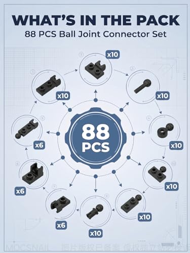 88 PCS Small Ball and Socket Joints Pieces Compatible with Lego Pieces, Black 10 Sizes Ball Joint Socket Connectors, Figure Limb Building Blocks Bulk, Universal Joint Axle MOC Parts - color: Black