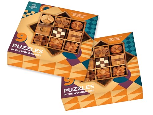BSIRI 9 in 1 Wooden Brain Teaser Puzzles for Adults Teens Box Set Wood Hard Level 10 Impossible Mind Wood Brain Teaser Games 3D Hand Puzzle Sets for Decoration and Mini Toys - style: 9 Puzzle Set