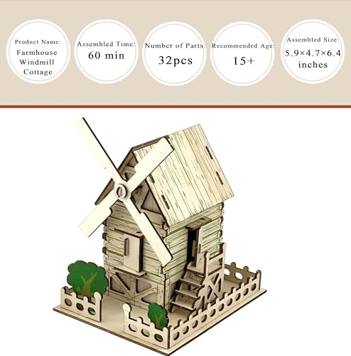3D Puzzles for Adults, Log Cabin DIY Wooden House Model Kits for Adults to Build, Country Cottage Building Model, 3D Jigsaw Brain Teaser Puzzle, Dollhouse (Windmill Cottage)