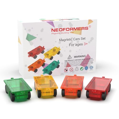 Magnetic Tiles Car Building Kit for Toddlers, 4 PCS Magnet Construction Trucks, STEM Toys for 3-8 Year Old Boys Girls, Educational Vehicle Engineering Set - color: Red Orange Yellow Green