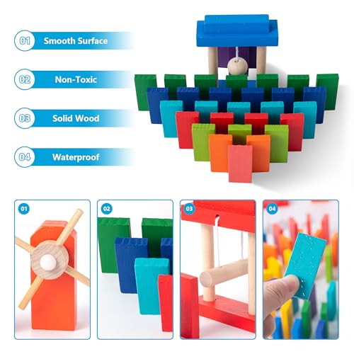 200-Piece Wooden Domino Set for Kids - STEM Learning Toy with Creative Tricks, Building Blocks & Classic Game Fun - Montessori Educational Gift for Boys & Girls Ages 3+