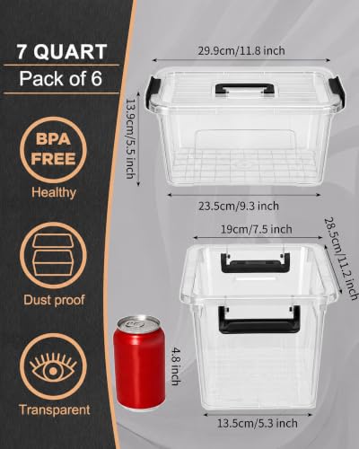EOENVIVS Plastic Storage Bins with Lids 6 Pack Storage Organizer, 7 Quart Stackable Storage Boxes with Buckle Lids and Handle easy for Home Office Pantry Organization, Clear - color: Clear+Black