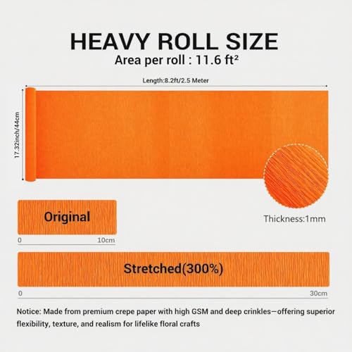 Heavy Crepe Paper for Flower Making, DIY Crafts | Italian-Quality Crepe Paper with 300% Stretch | Papel Crepe de Colores Paquete - color: Bright Orange, size: Long (17")