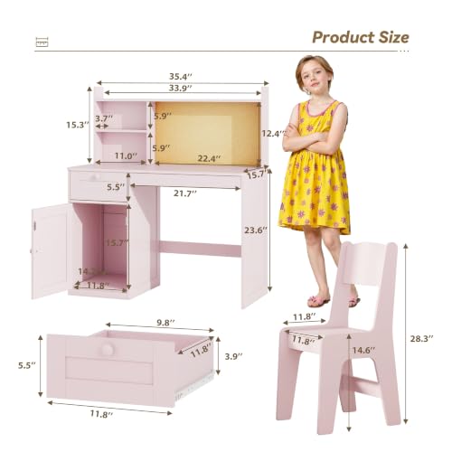Children Study Table Set, Wooden Student Writing Desk for Girls, Pink - color: Pink, size: Regular