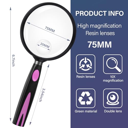 Feosky Handheld Reading Magnifier, 10X Magnifier, 75mm Shatterproof Lens, Non-Slip Handle for Adults Close Work, Seniors Reading and Nature Exploration, Hobby Observation(Purple/Black) - color: Purple, size: 75mm