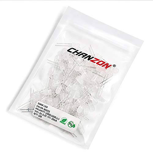 CHANZON 100 pcs 5mm White Diffused LED Diode Lights(DC 3V 20mA) - color: B) White-white (100pcs)