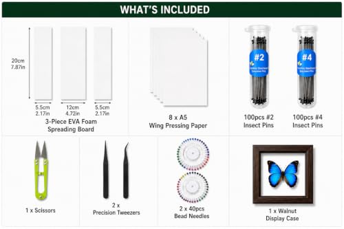Insect Pinning Kit for Beginners with Walnut Display Case, Butterfly & Bug Specimen Mounting Kit, EVA Foam Spreading Board, Insect Pins, Tweezers, Scissors & Wing Pressing Paper - size: Kit with Walnut Display Case