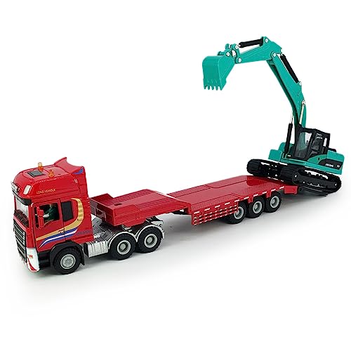 Flatbed Truck Toy with Construction Vehicle Crawler Excavator Semi Tow Hauler Truck Trailer Metal Diecast Heavy Equipment Transport Toy Vehicle Toy Trucks for Boys Kids Gift, Green red - color: Excavator