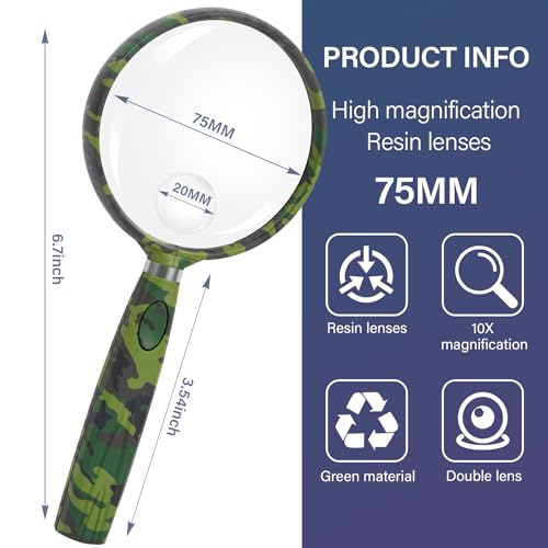 Feosky Handheld Reading Magnifier, 10X Magnifier, 75mm Shatterproof Lens, Non-Slip Handle for Adults Close Work, Seniors Reading and Nature Exploration, Hobby Observation(Camouflage Pattern) - color: Multi01, size: 75mm