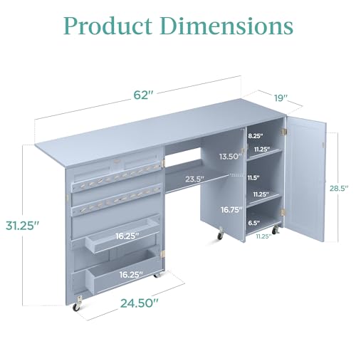 Best Choice Products Large Folding Sewing Table, Multipurpose Portable Craft Station & Side Desk w/Compact Design, Caster Wheels, Storage Shelves, 2 Storage Trays, Magnetic Doors - Light Blue - color: Light Blue