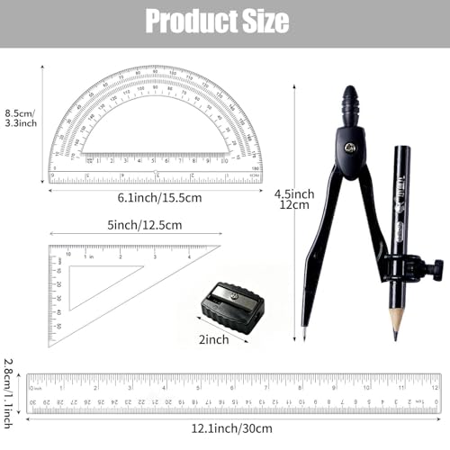 Plastic Geometry Math Set,12 Inch Ruler,Compass,Pencil,Protractor Square