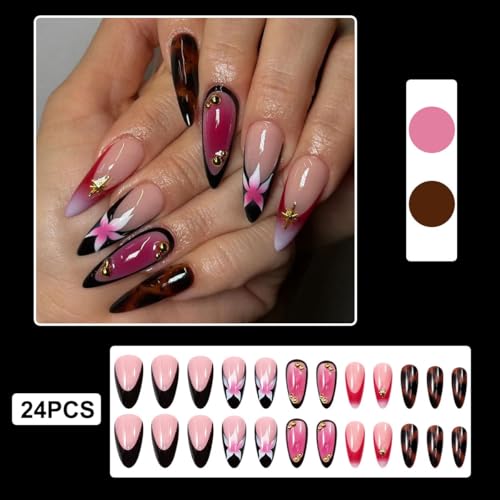 Long Press on Nails Almond, Acrylic Press on Nails with Flower Designs, Long Almond Nail Tips for Women 24pcs - color: Color32