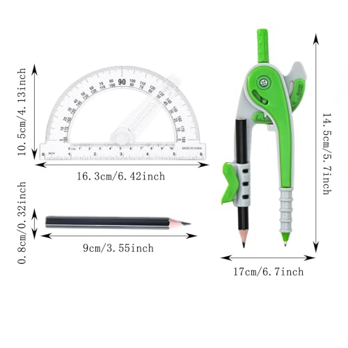 Unjoo Compass and Protractor Set, 6 Inch Protractor with Swing Arm (Green) - color: Green