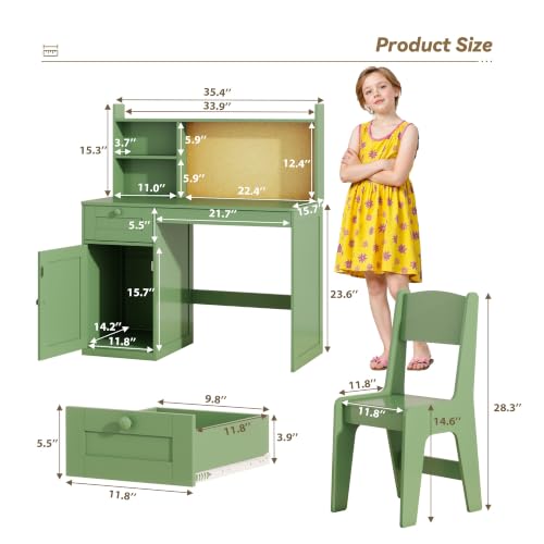 Kids Desk and Chair Set with Hutch & Storage Cabinet for 5-12, Green - color: Green, size: Regular