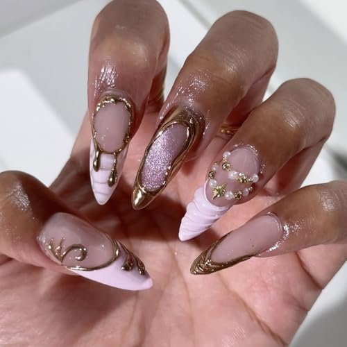 Almond Press on Nails Long Pink Fake Nailwith 3D Charms Acrylic Nail Press ons Golden Embossed Stick on Nails for Women 24pcs - color: Color01