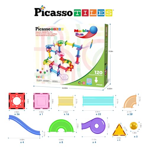 PicassoTiles 120 PCS Magnetic Tile Marble Run STEM Construction Set Ages 3+ - color: 120 Piece Marble Run