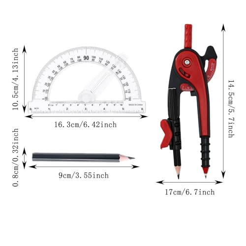 Unjoo Compass and Protractor Set, 6 Inch Protractor with Swing Arm (Red) - color: Red