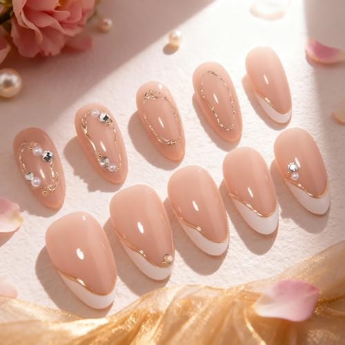 evpct Nude 3D Pearl Press on Nails Short Almond with White French Tip - color: 24Pcs-Short Almond-Nude White French Tip 3D Gold Line, size: Short Almond