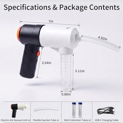 Ant Test Tube,Bug Collection Kit,Type-C Rechargeable with Adjustable Suction,0.3in ID Flexible Hose and 2 Pcs 50ml Collection Tubes, for Outdoor Insect Catching and Formicarium Relocation