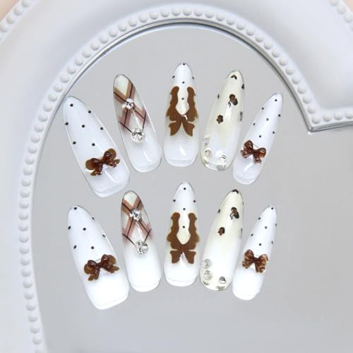 Stiletto Press on Nails Long Nude Fake Nailwith 3D Charms Acrylic Nail Press ons Brown Bow Stick on Nails for Women 24pcs - color: Color03