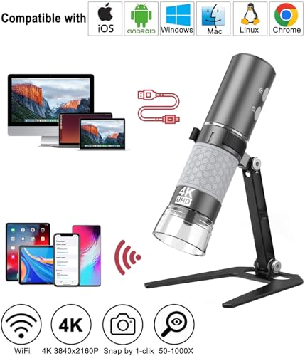 Jiusion 4K 50-1000x WiFi USB Digital Handheld Microscope with Metal Stand - color: Grey